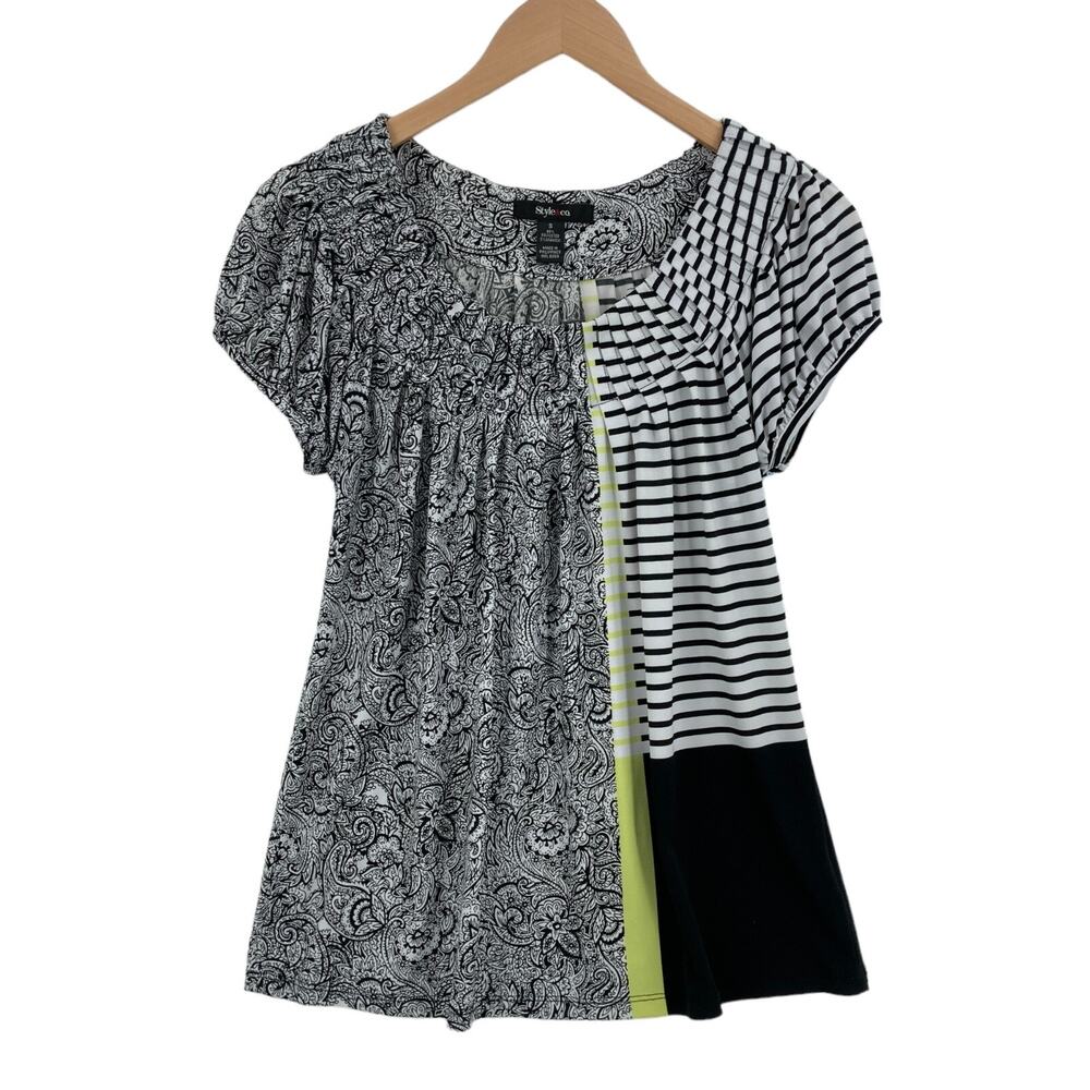 Style&co. Women's White & Black Cap Sleeve Pleated Round Neck Blouse Top Size S
